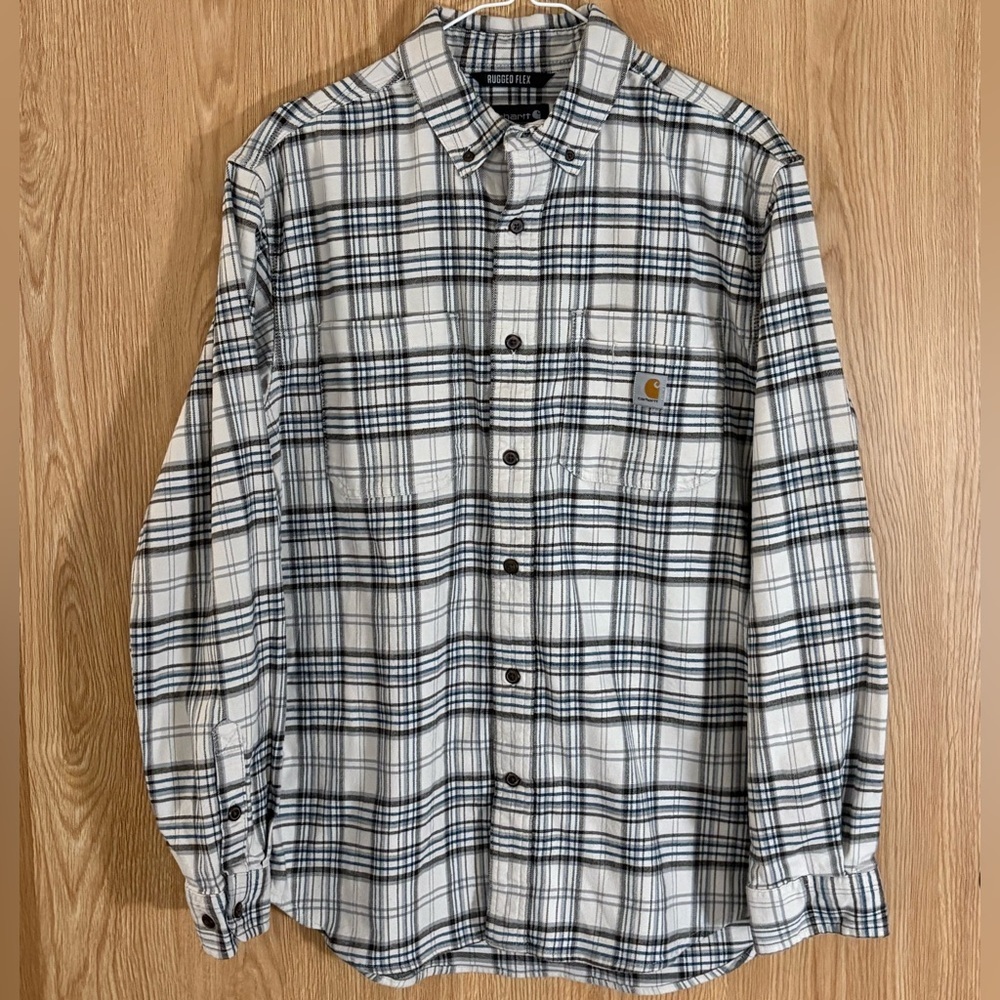 Carhartt Men's Rugged Flex Flannel White and Blue Plaid Over Shirt